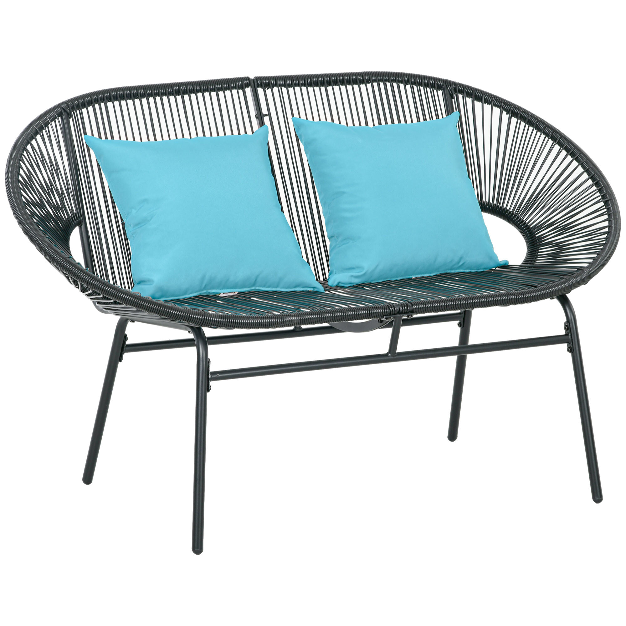 Banc de jardin 2 places design Acapulco 2 coussins métal résine filaire noir