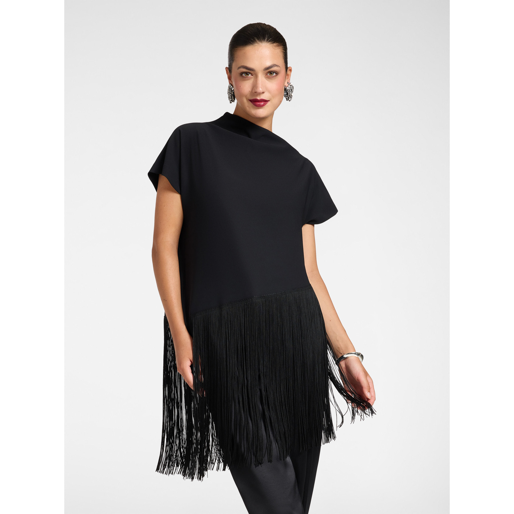 Elena Mirò - Top envers satin con frange - Nero