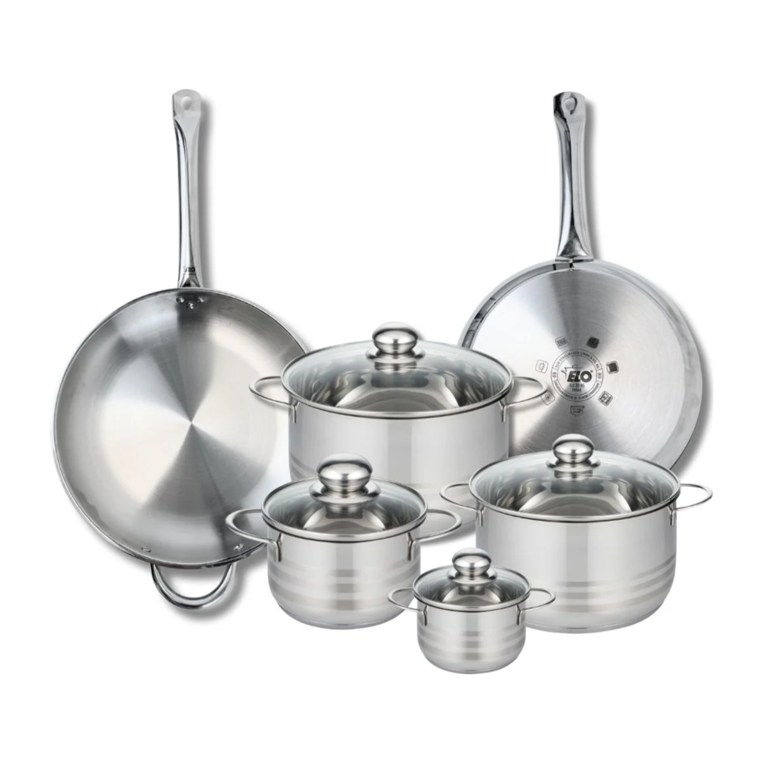 Ensemble de 2 Poêles de cuisson 28 et 32 cm et 4 faitouts 12, 16, 20 et 24 cm Elo Profi Brillant