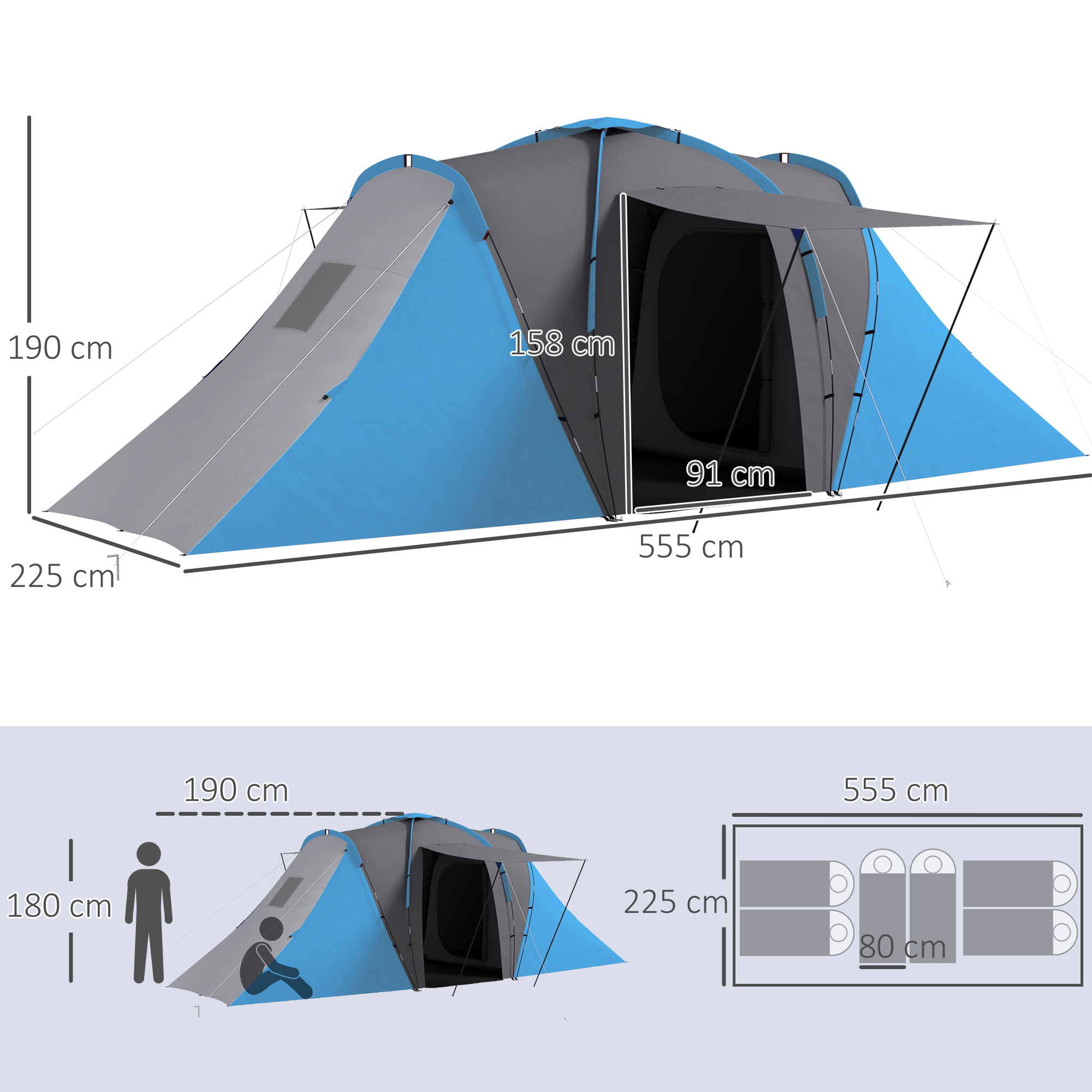 Tienda de Campaña Familiar tipo Túnel para de 4-6 Personas Impermeable 2000 mm Tienda de Camping Plegable con 2 Dormitorios Bolsa para Senderismo 555x225x190 cm Gris y Azul