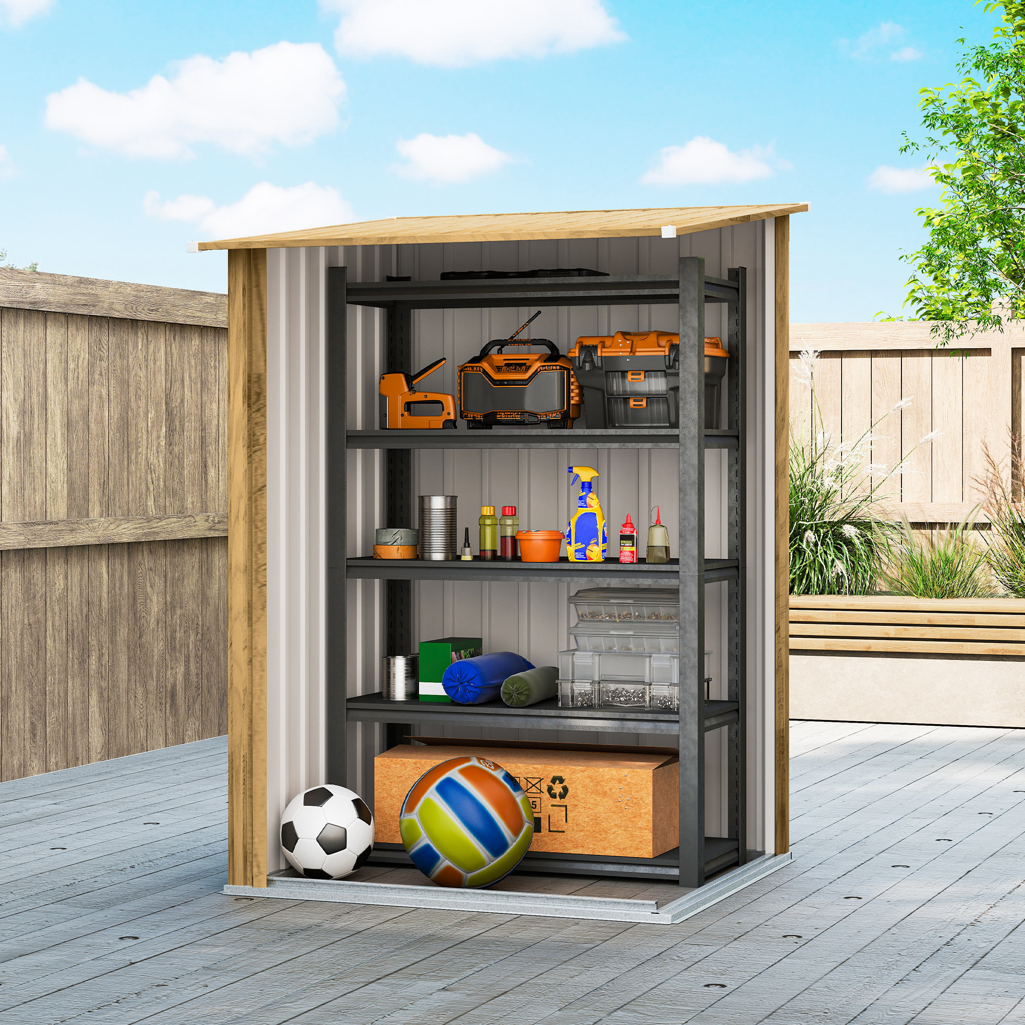 Cobertizo de Jardín Exterior, 0,92 m², 100x103x160 cm, Caseta de Jardín Exterior Metálica con 1 Puerta y Cerradura, para Almacenamiento de Herramientas, para Patio, Terraza, Marrón Claro