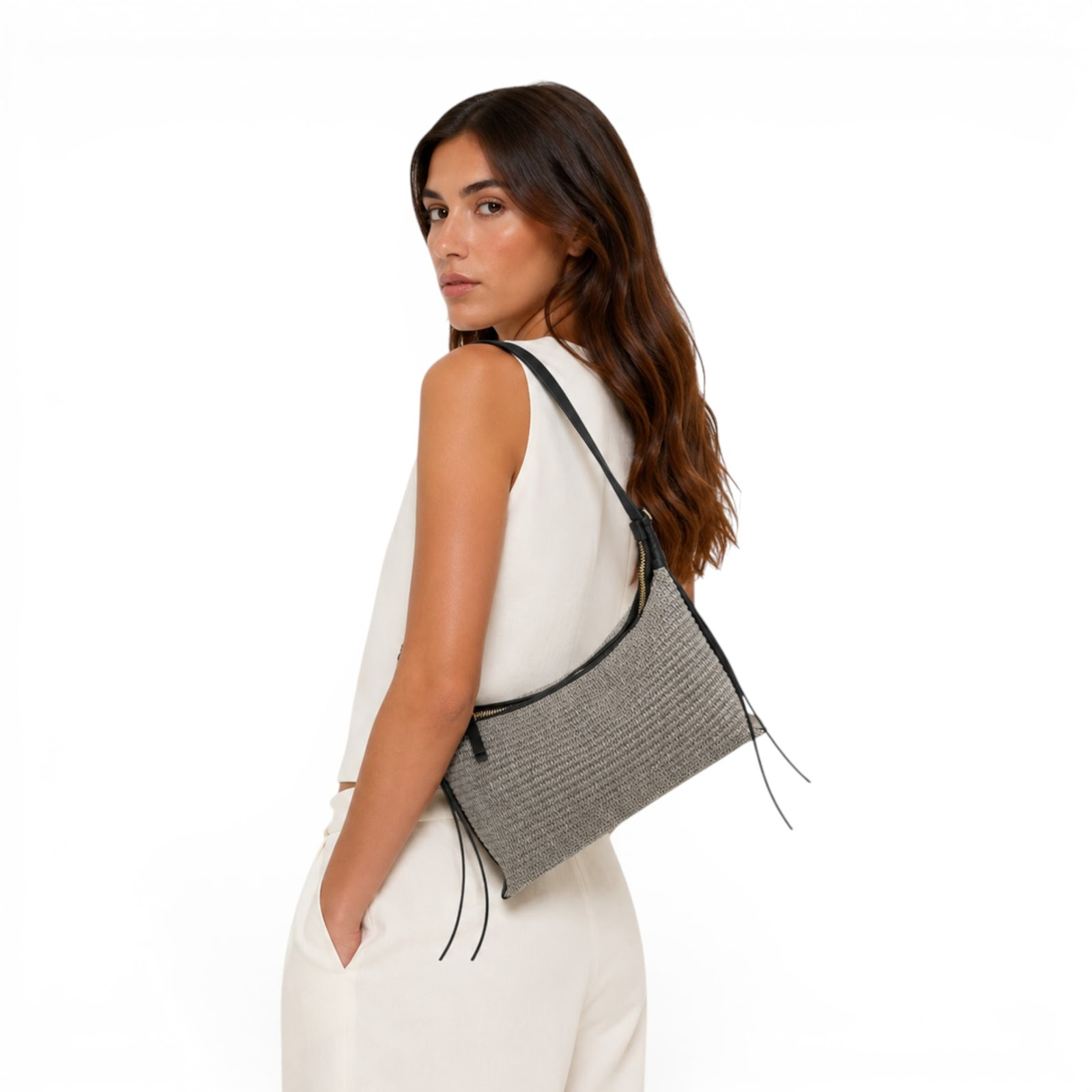 Borsa a spalla Cheval Firenze Laila Mini S/S Testa di Moro (Rafia Greige)
