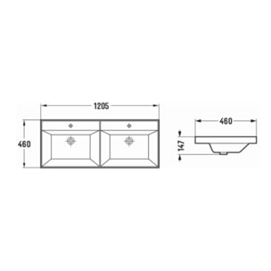 B-Way 120,5x46 cm meuble double vasque en céramique, 2 trous de robinetterie au milieu, trop-plein, blanc (SATBW212046WM)