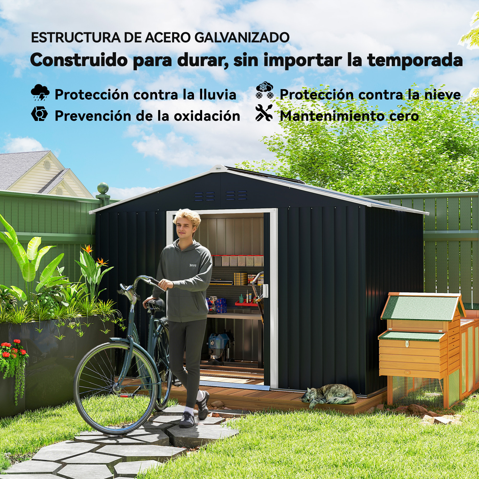 Caseta de Jardín Exterior 4,9 m² 277x195x192 cm, Cobertizo de Jardín Exterior Metálico con Techo de Fibra de Vidrio, Puerta Corredera, Base Refuerzo (Suelo NO Incluido) y Ventanas Gris Oscuro