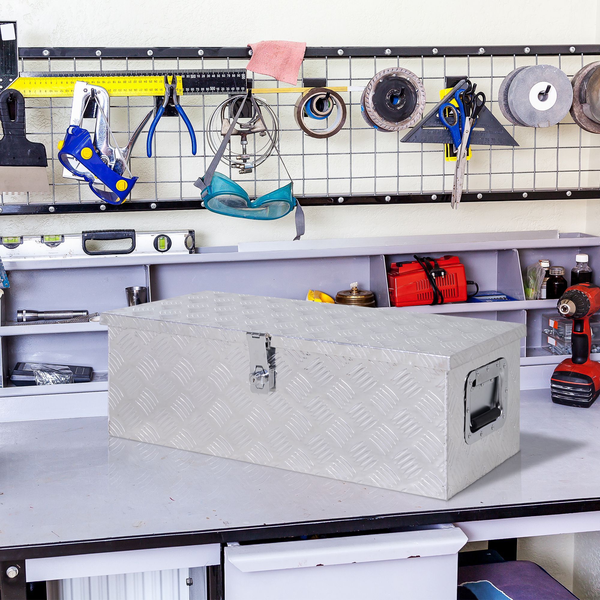 Caja de Herramientas de Aluminio con Tapa Abatible Asas Retráctiles Laterales Gran Compartimento y Cierre con Llave Maletín de Herramientas Portátil para Almacén Maletero 76x33x25 cm Plata