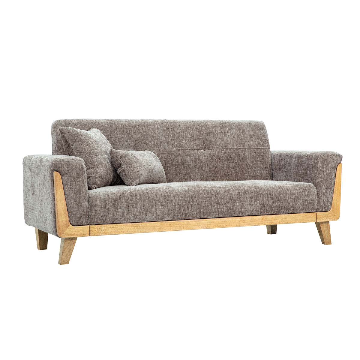 Canapé scandinave 3 places en tissu effet velours texturé taupe et bois clair FJORD