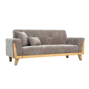 Canapé scandinave 3 places en tissu effet velours texturé taupe et bois clair FJORD