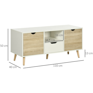 Meuble TV banc TV style scandinave 2 portes tiroir niche piètement bois de pin panneaux blanc aspect chêne clair