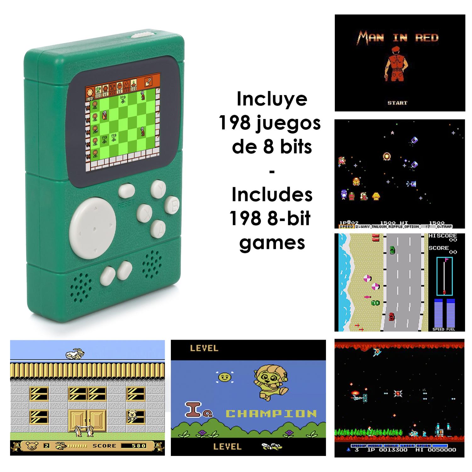 Mini consola portátil retro Pocket Player con 198 juegos de 8 bits, pantalla de 2 pulgadas.