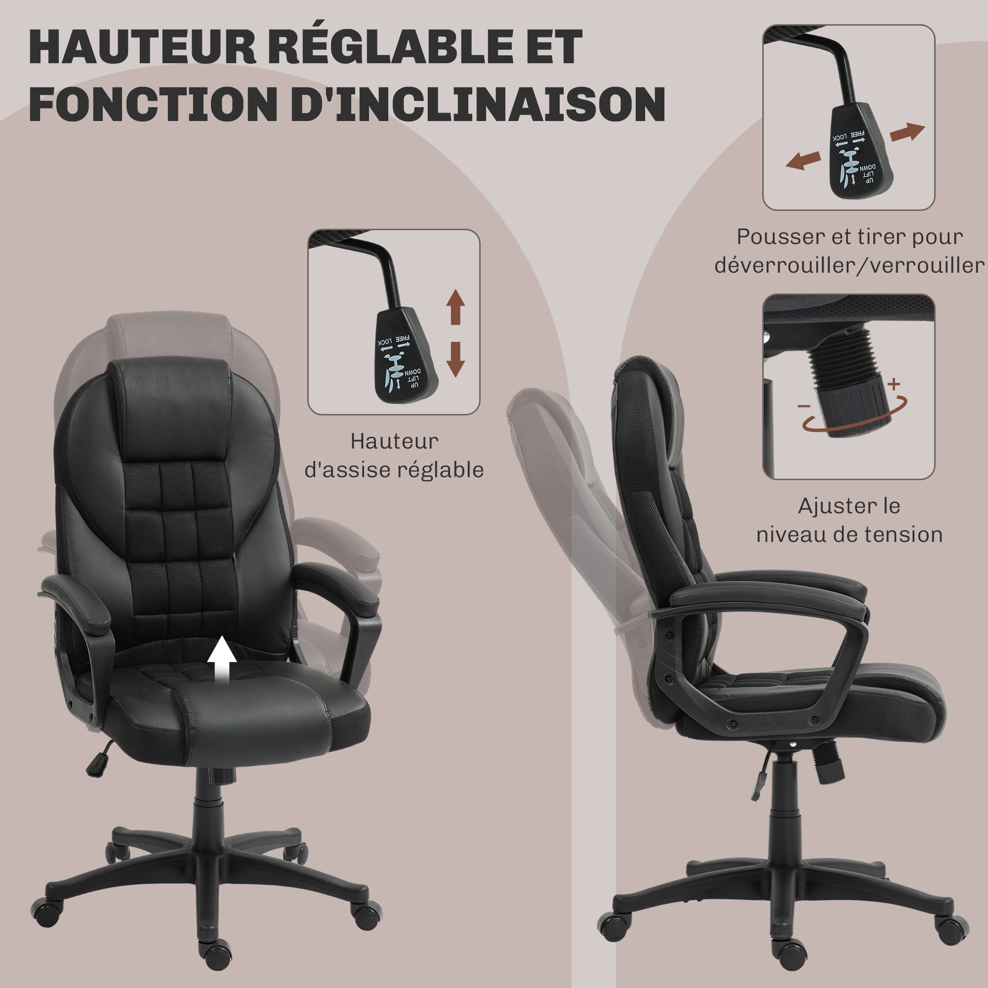 Chaise de bureau manager ergonomique - hauteur réglable, fonction à bascule, pivotant - PU polyester noir