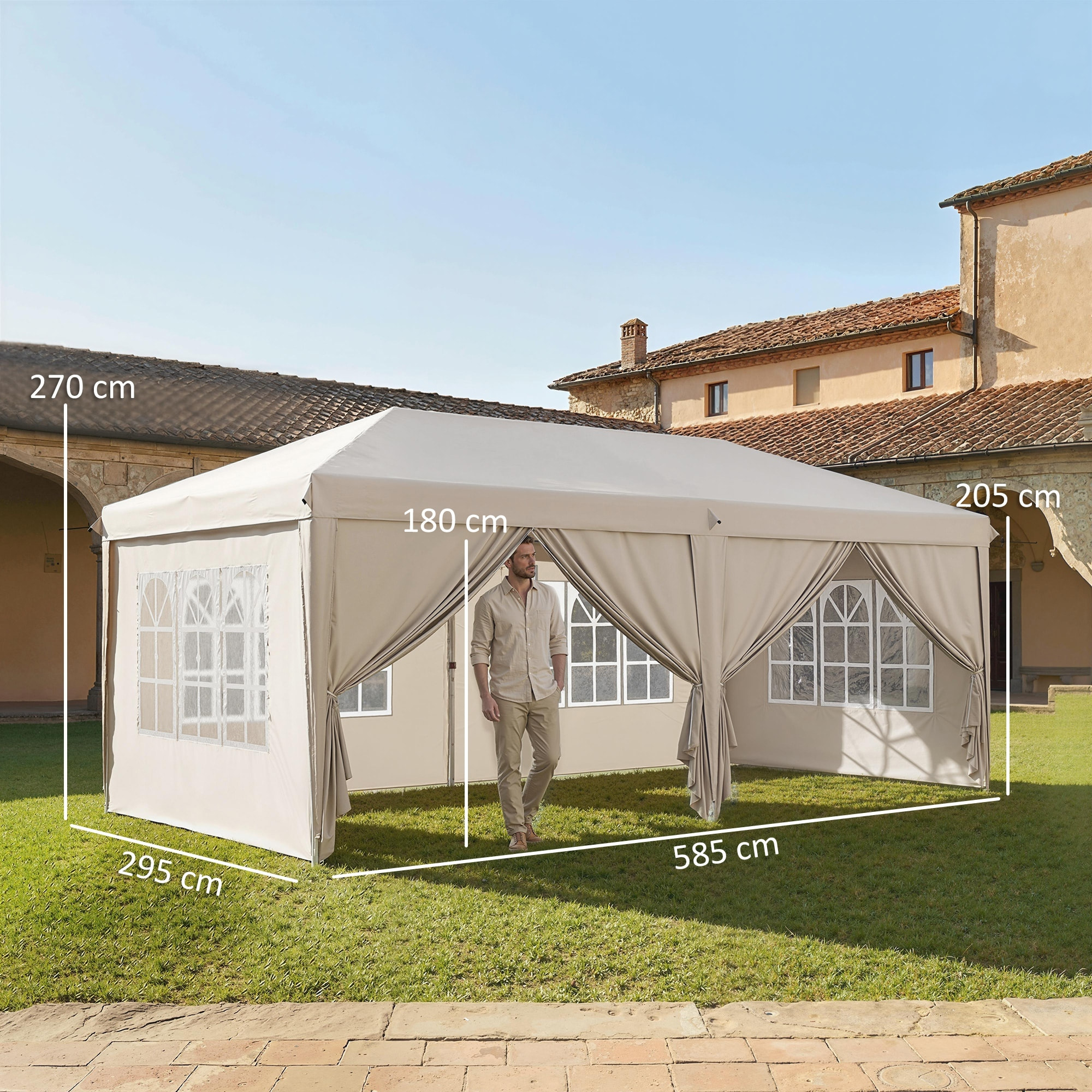 Tonnelle barnum pliant pop-up imperméabilisé 5,85L x 2,95l x 2,7H m 6 parois latérales amovibles 4 fenêtres + sac de transport beige