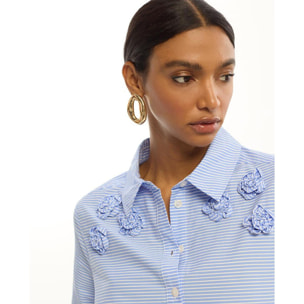 Abito corto in popeline con fiori ricamati e righe