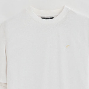 Camiseta blanca en lino y algodón de cuello redondo y monograma bordado