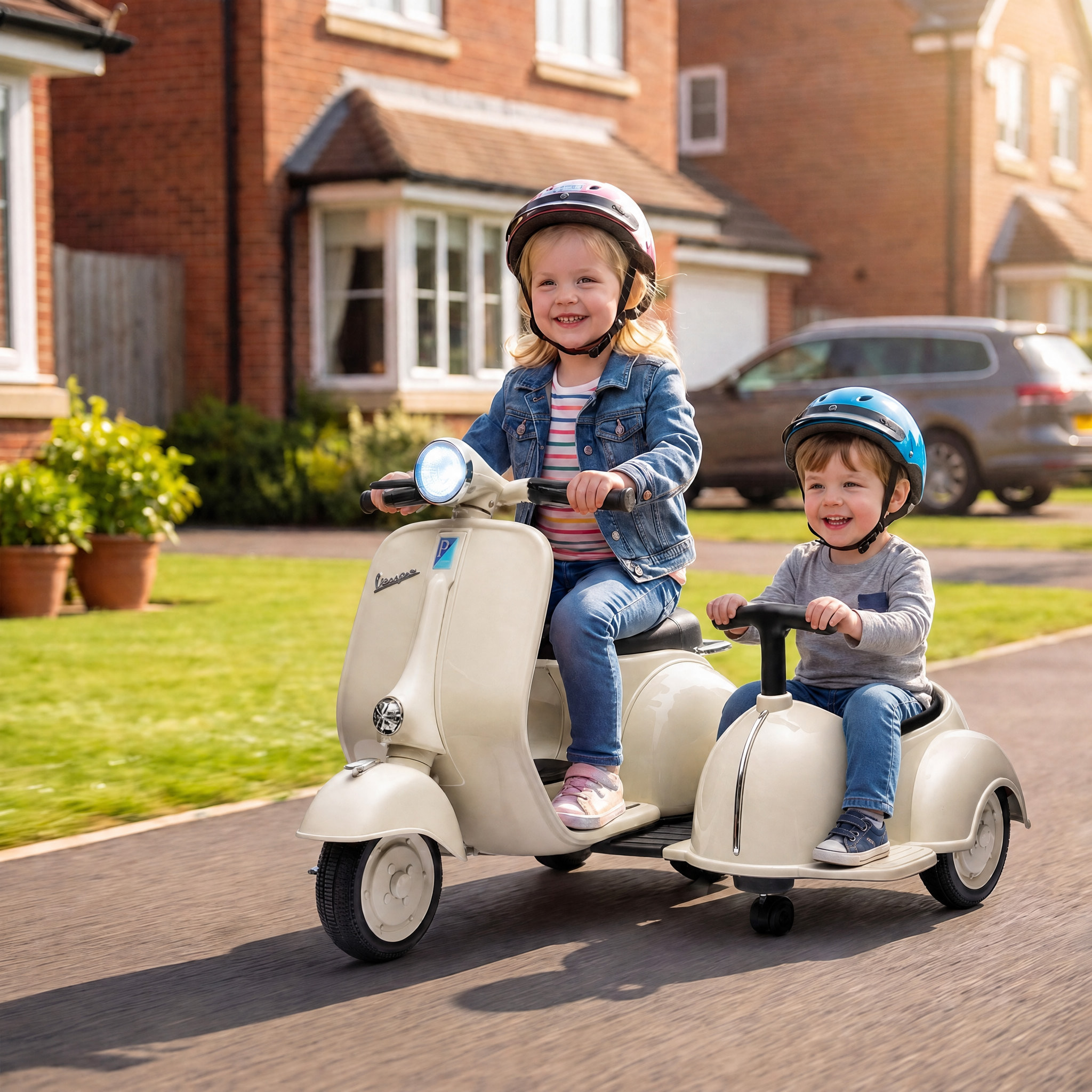Moto Eléctrica para Niños Licencia VESPA 6V con 2 Asientos, Moto Eléctrica Infantil con Arranque Suave, Luz Delantera, Música, Bocina, USB y Almacenamiento, Regalo para Niños +3 Años, Crema