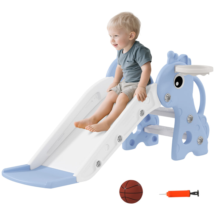 Tobogán Infantil 3 en 1 Tobogán para Niños de 1 a 3 Años con Escalera Canasta de Baloncesto y Diseño de Jirafa para Interior 106x51,5x52 cm Azul