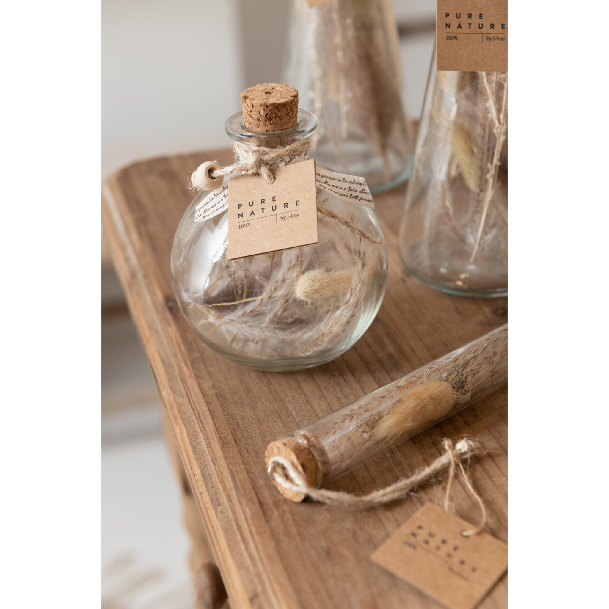 J-Line Suspension Tubes Fleurs Sechees Verre Naturel Assortiment De 2