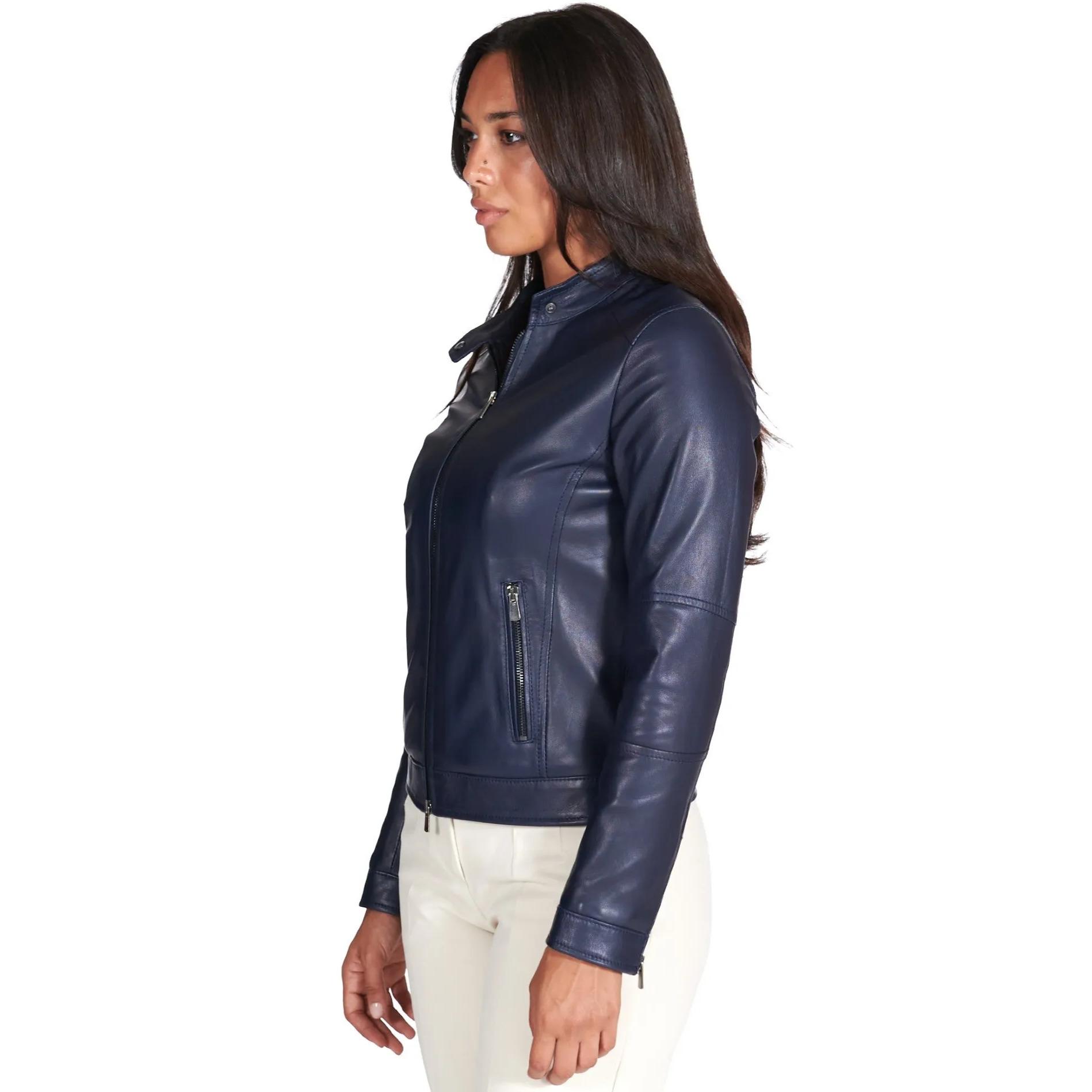 Giacca biker in pelle naturale blu effetto liscio