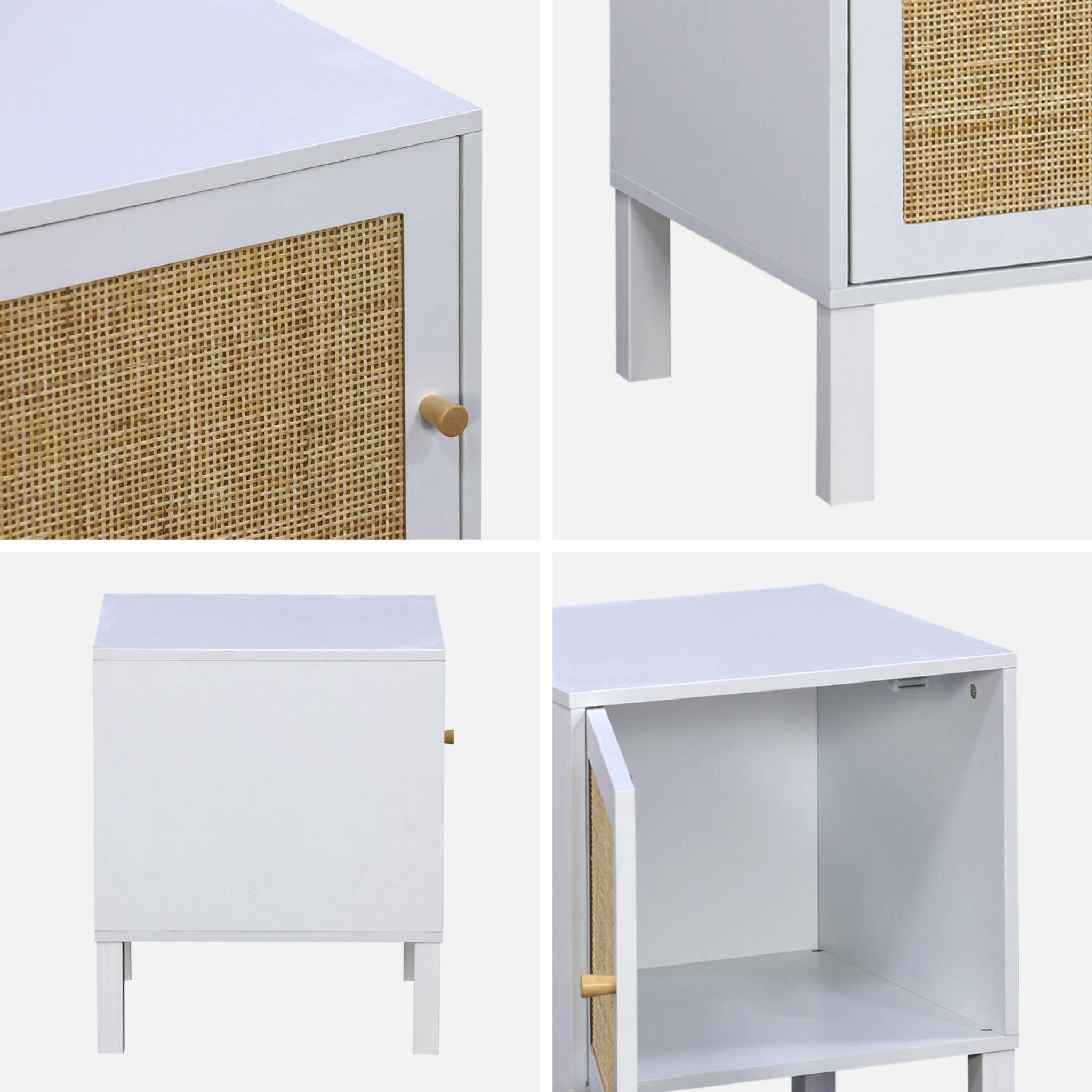 Table de chevet enfant effet bois blanc et cannage