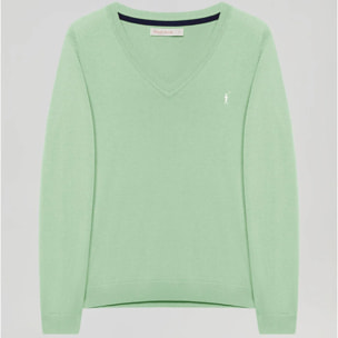 Maglione verde leggero in filo basic con collo a V e logo Rigby Go