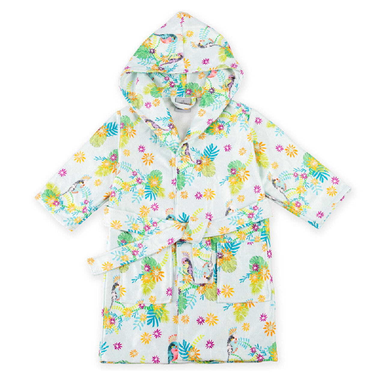 Peignoir enfant coton mélangé 340 g/m² imprimé bleu Perruches print aqua