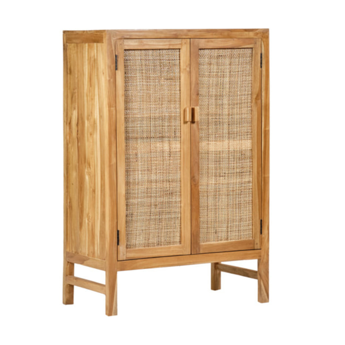 Armoire basse 2 portes en rotin et bois massif de teck - LINA