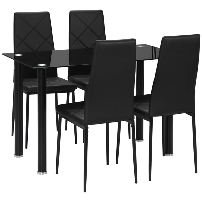 Table de salle à manger avec 4 chaises design contemporain Chesterfield acier plateau verre trempé PVC effet capitonné noir