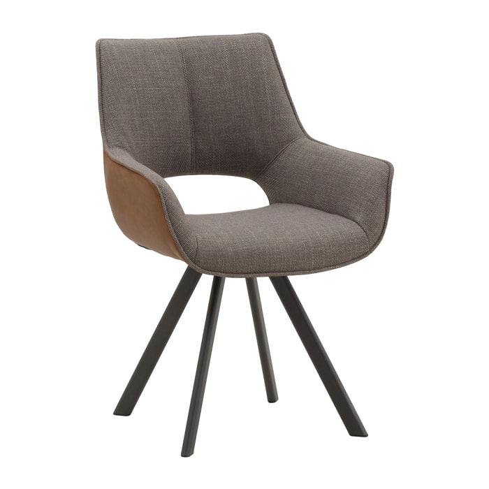 Set di 2 sedie MONTMARTRE in similpelle marrone, tessuto grigio e gambe in metallo nero, con braccioli