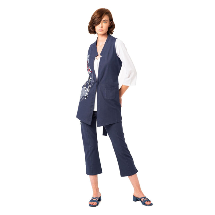 Mamatayoe Chaleco Tinta China para Mujer – Chaleco largo tipo denim, con cierre cruzado con botón y bordados, tallas S-XXL