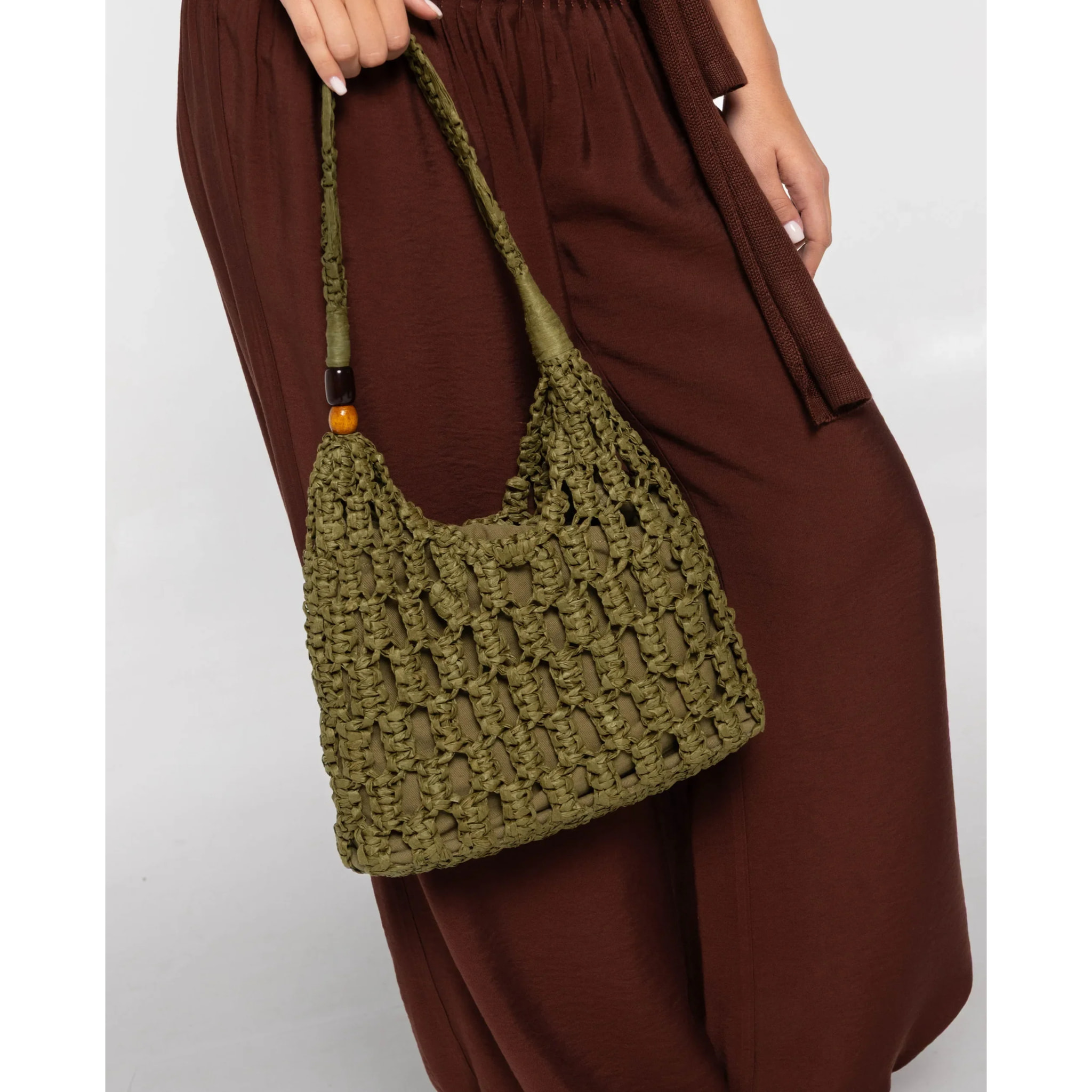 Bolso de rafia con bolso interior con cierre de frunce de mujer