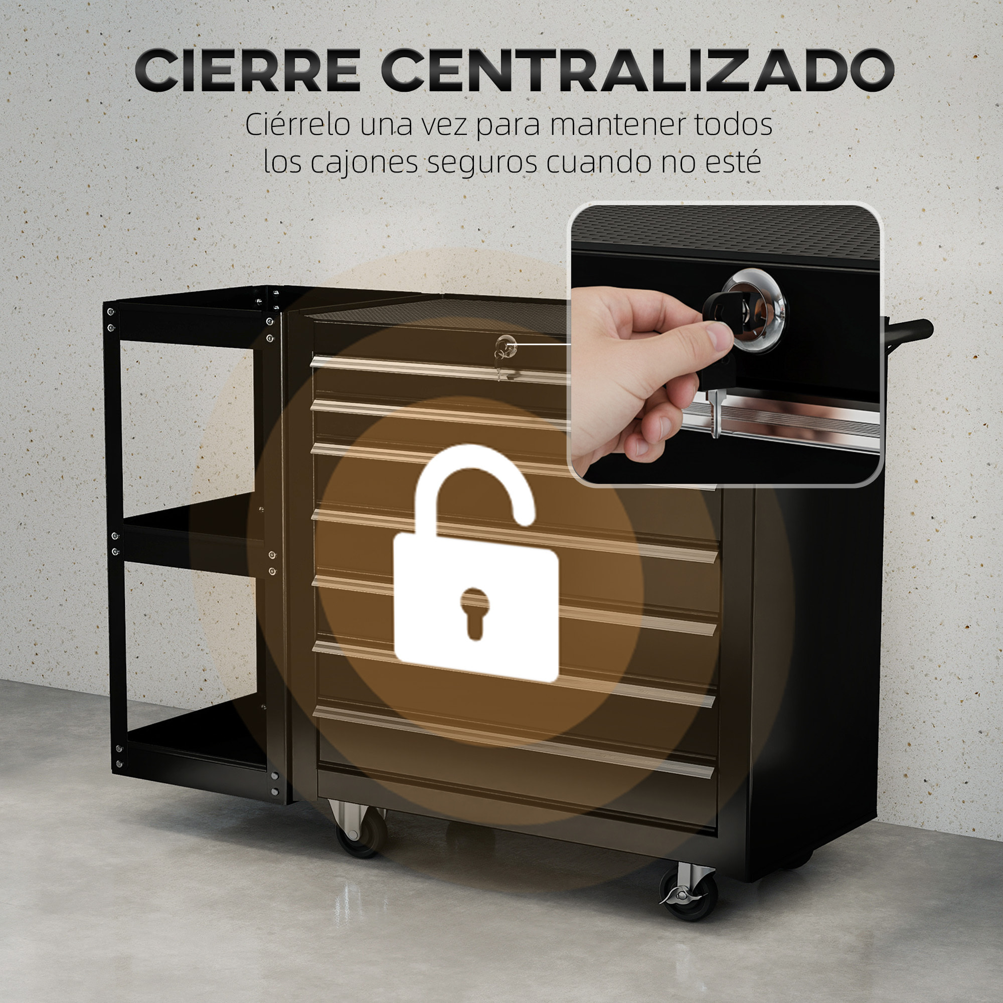Carro de Herramientas con 7 Cajones, Carro de Taller con Estantería de 3 Niveles Desmontable, Sistema de Cierre Central, Asa, 2 Ruedas con Freno de Bloqueo, Negro