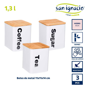 Set 3 pzs bote metal blanco tapa bambu 1 colección kinvara