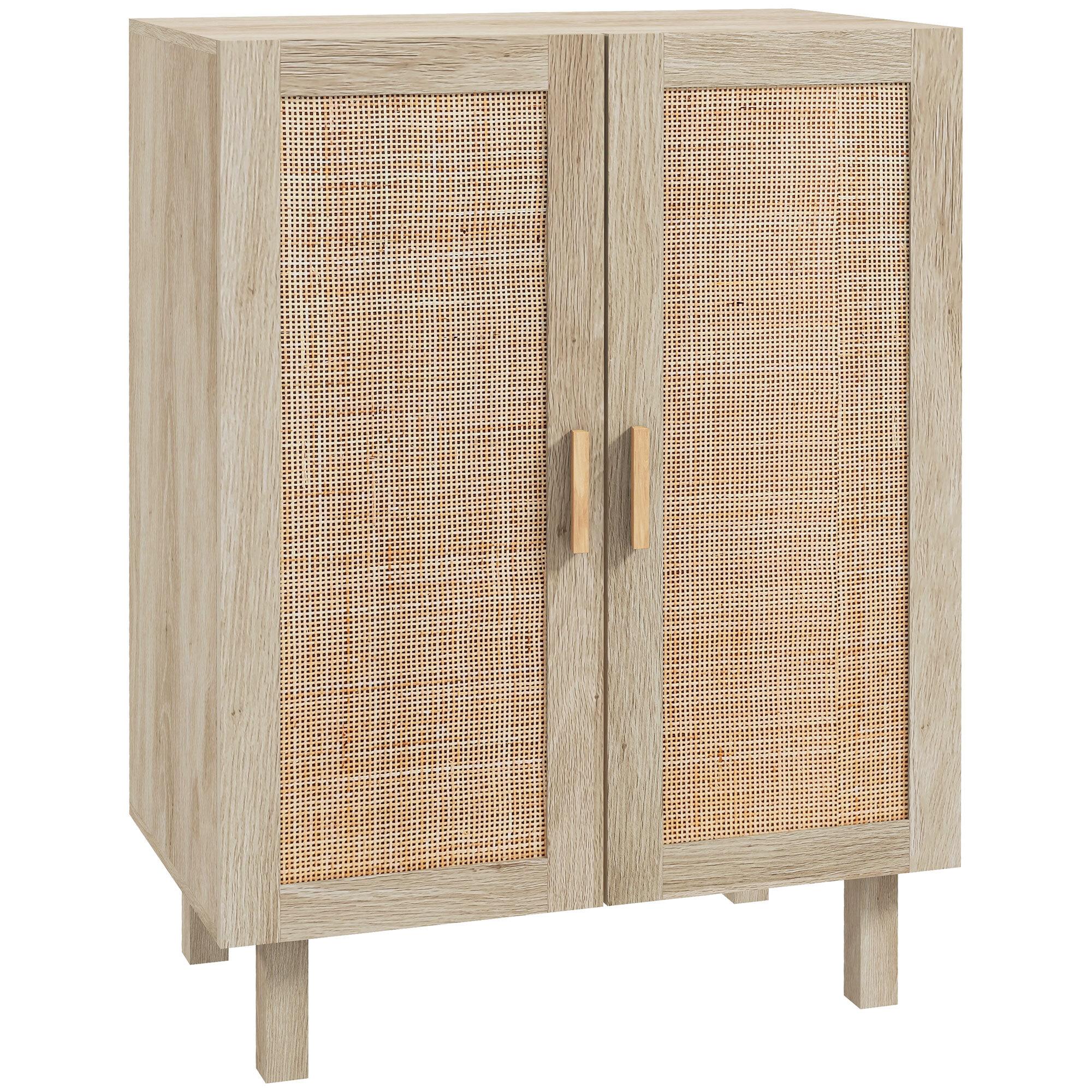 Armario de Salón con 2 Puertas de Rejilla de Ratán y Estantes Ajustables Aparador de Salón para Oficina Estudio Dormitorio Estilo Nórdico Antivuelco 73x41x102 cm Natural