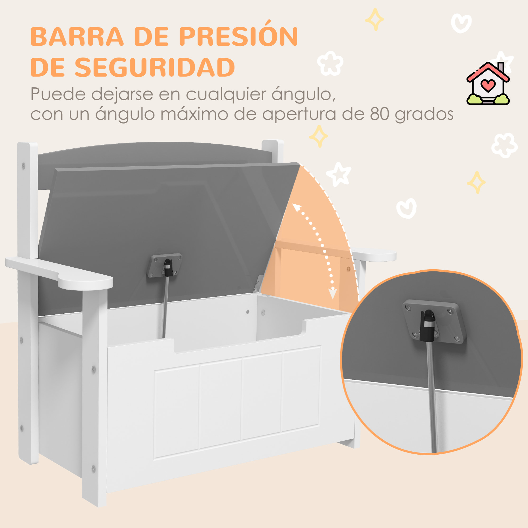 Baúl para Juguetes Infantil, Banco Almacenaje para Niños, con Respaldo y Tapa Amortiguadora, Carga 30 kg, para Salas de Juego, Dormitorio, 68,5x34x58 cm, Gris y Blanco
