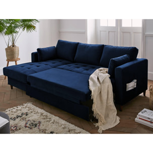 Anna - canapé d'angle gauche - 4 places - convertible avec coffre - en velours - Bleu nuit