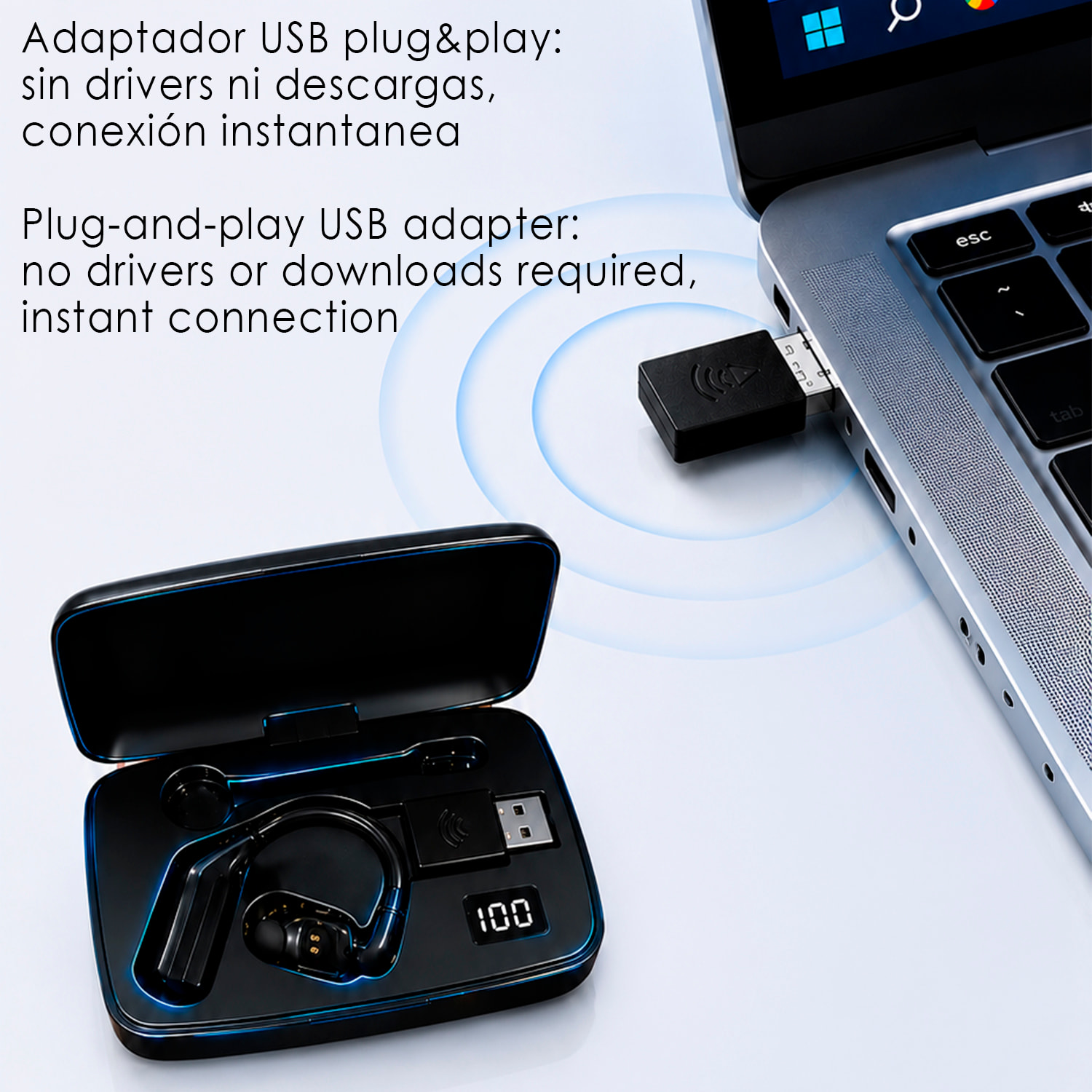 Auricular Bluetooth manos libres V2. Diseño reversible para ambas orejas, micrófono magnético extraíble de 360° y batería larga duración. Con caja de carga y compatible con PC/Tablet.
