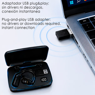 Auricular Bluetooth manos libres V2. Diseño reversible para ambas orejas, micrófono magnético extraíble de 360° y batería larga duración. Con caja de carga y compatible con PC/Tablet.