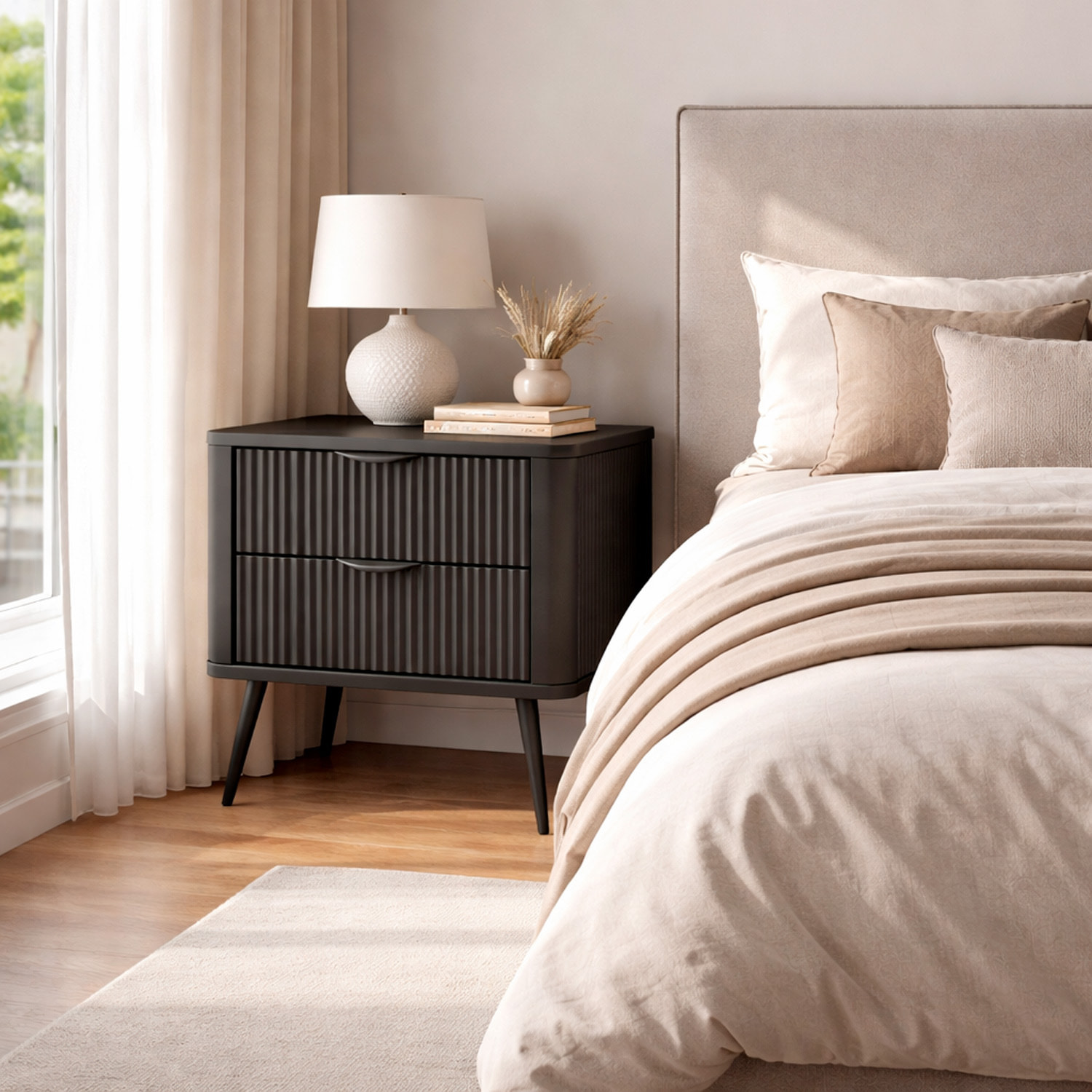 Comodino Moderno Elegante Con 2 Cassetti Capienti e Piedini Alti Camera Da Letto 63.2 x 38 x 55.3 cm Nero