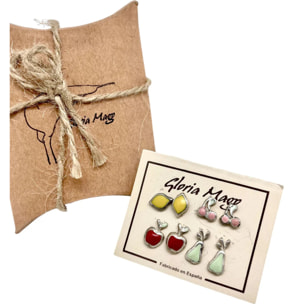 Pack Pendientes frutas. Combo1. Plata 10µ y laca colores