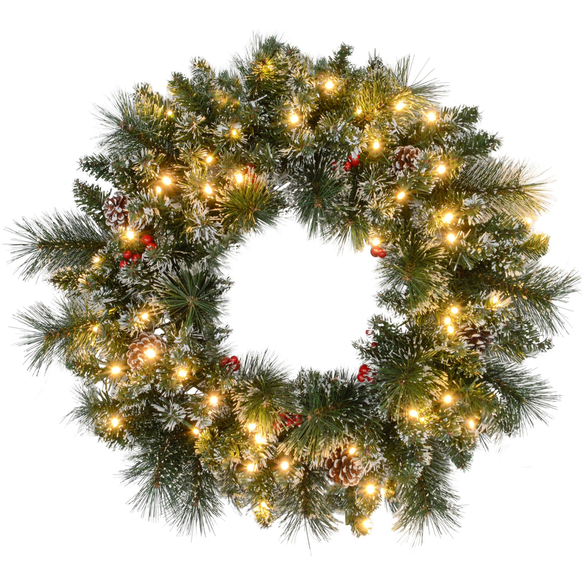 Couronne de Noël artificielle LED 60 cm - pommes de pin, baies rouges, 50 LED blanc - effet enneigé