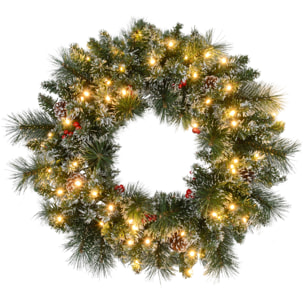 Couronne de Noël artificielle LED 60 cm - pommes de pin, baies rouges, 50 LED blanc - effet enneigé