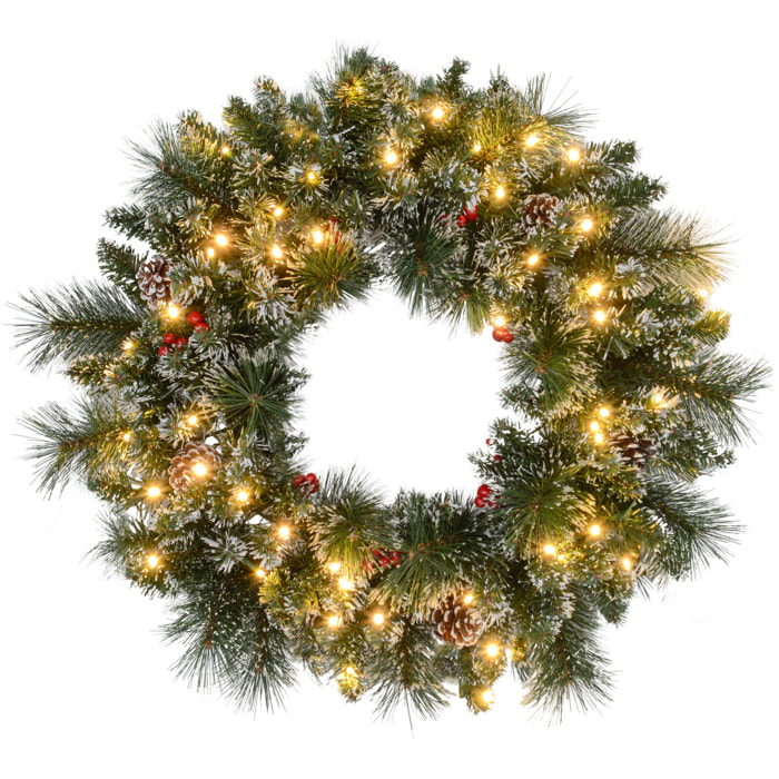Couronne de Noël artificielle LED 60 cm - pommes de pin, baies rouges, 50 LED blanc - effet enneigé
