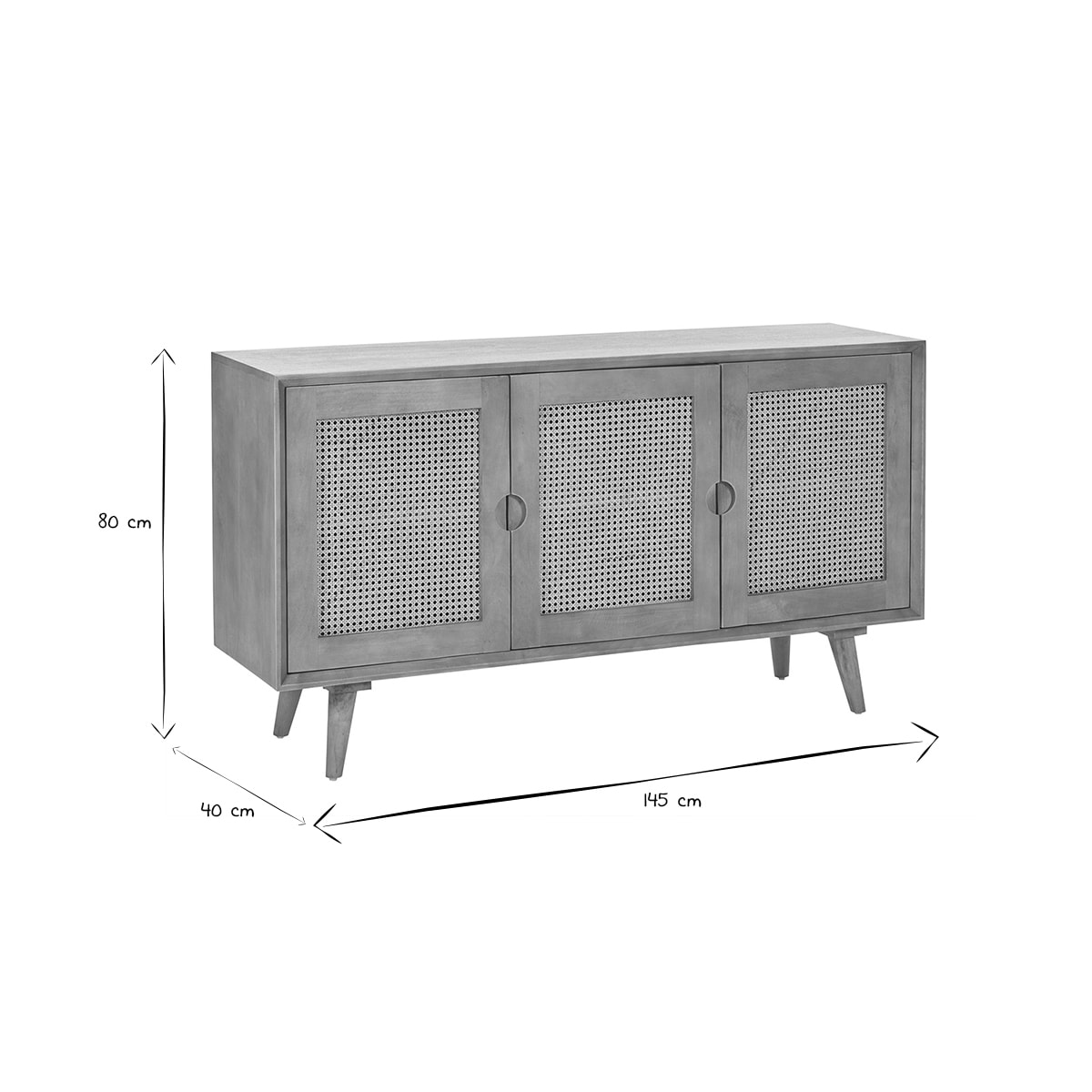 Buffet en bois manguier et cannage rotin 3 portes L145 cm LAKA