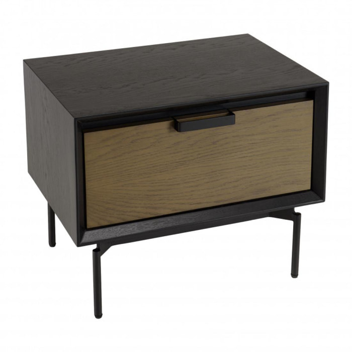 ALMA - Table de chevet noire 1 tiroir marron foncé pieds métal noir