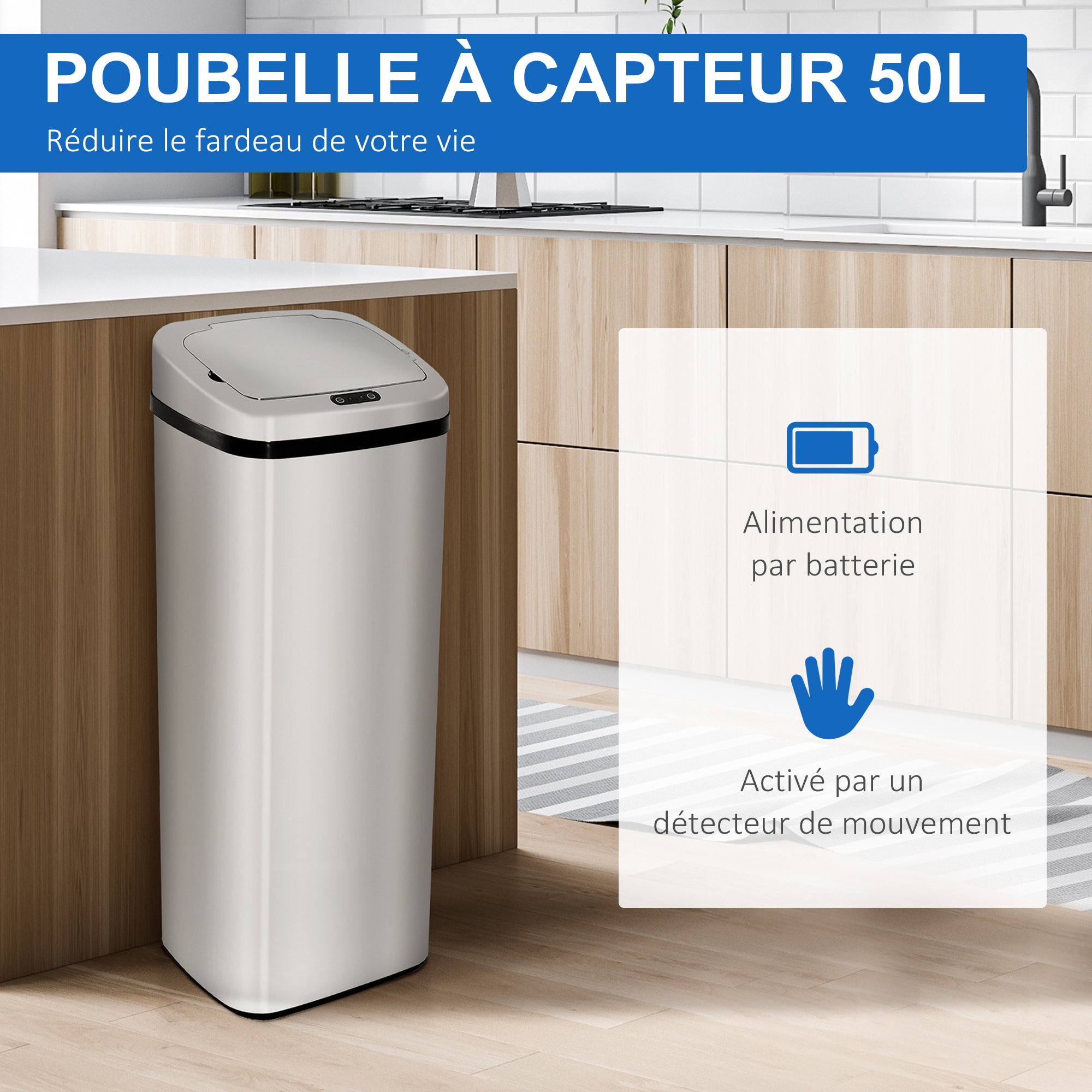 Poubelle à capteur de mouvement ouverture automatique 50L acier inox.
