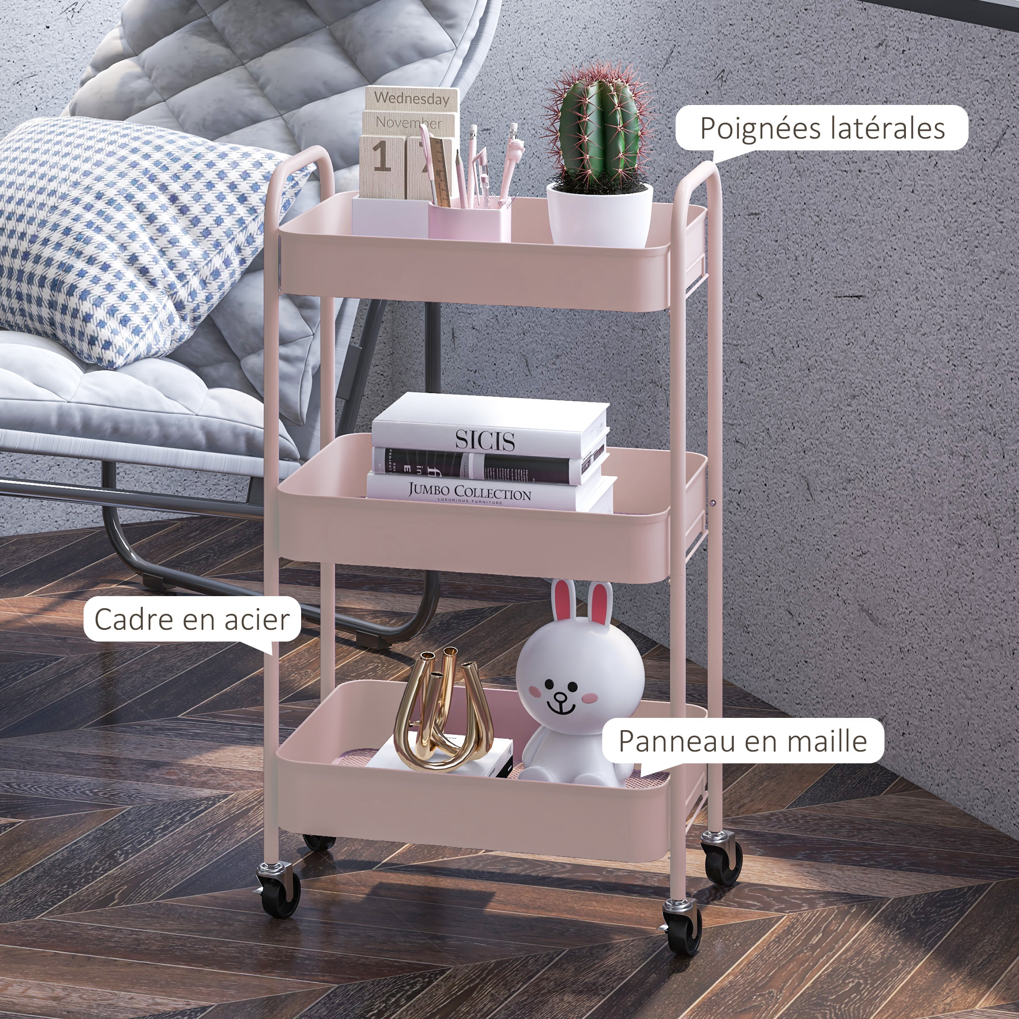 Desserte de cuisine style néo-rétro - 3 étagères - acier vieux rose