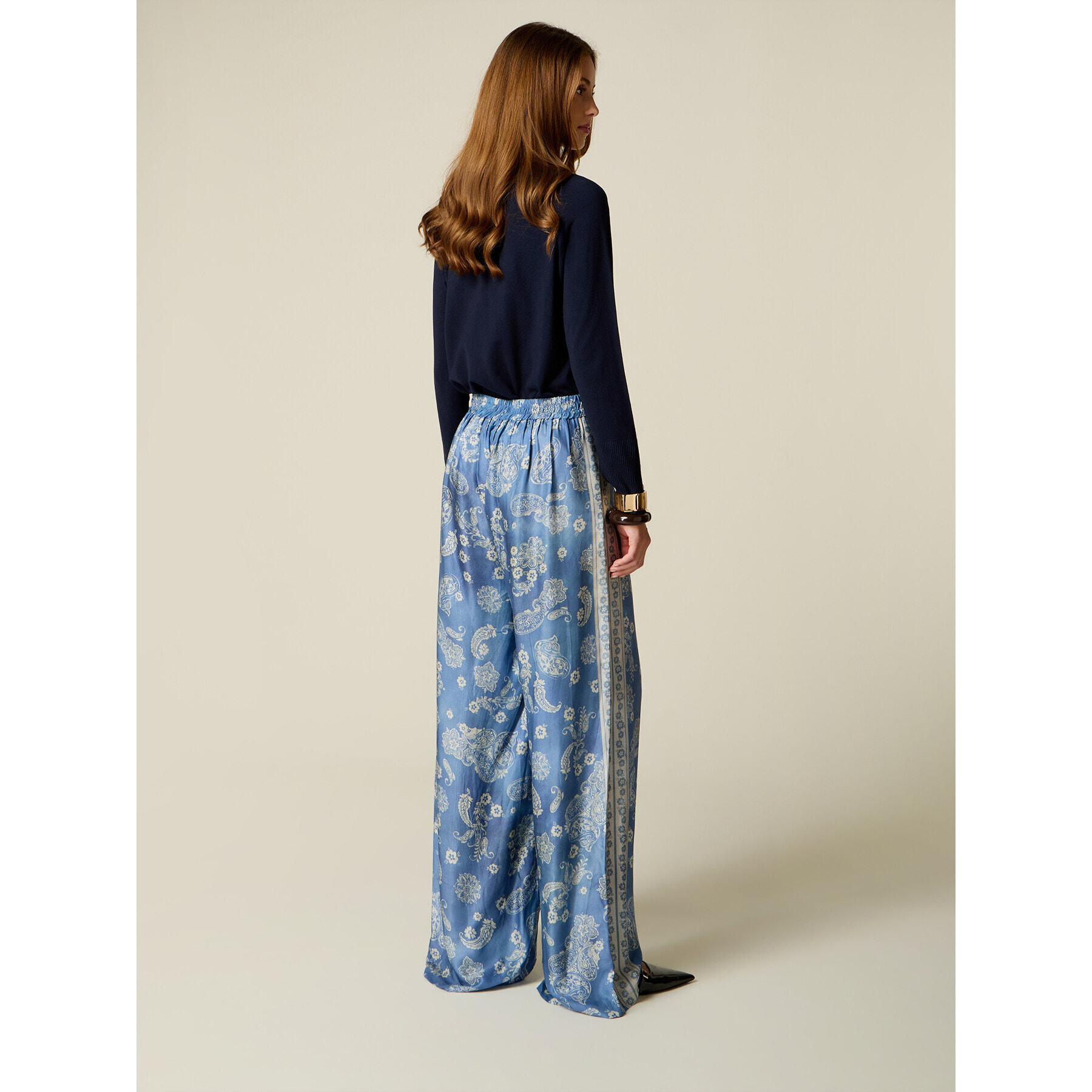 Oltre - Pantalones palazzo de satén estampado - Light - blue