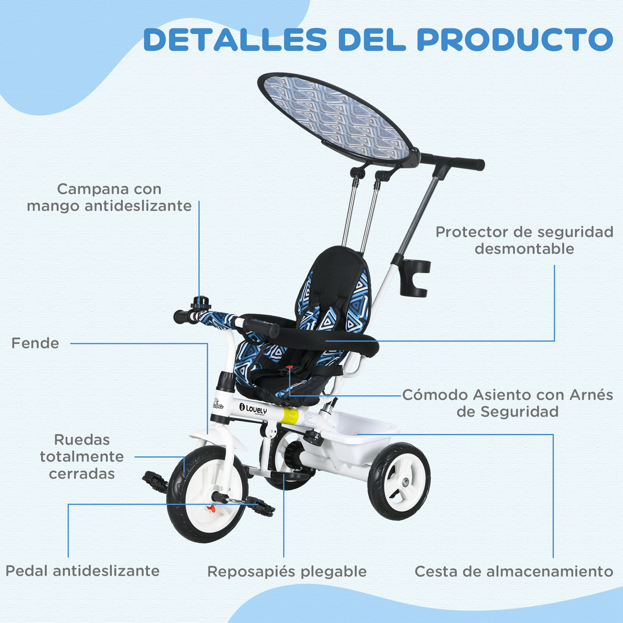 Triciclo para Bebés 6 en 1 Triciclo Evolutivo para Niños de +12 Meses con Toldo Plegable Mango de Empuje Telescópico y Desmontable Asiento Ajustable Cesto y Portabotellas Azul y Blanco
