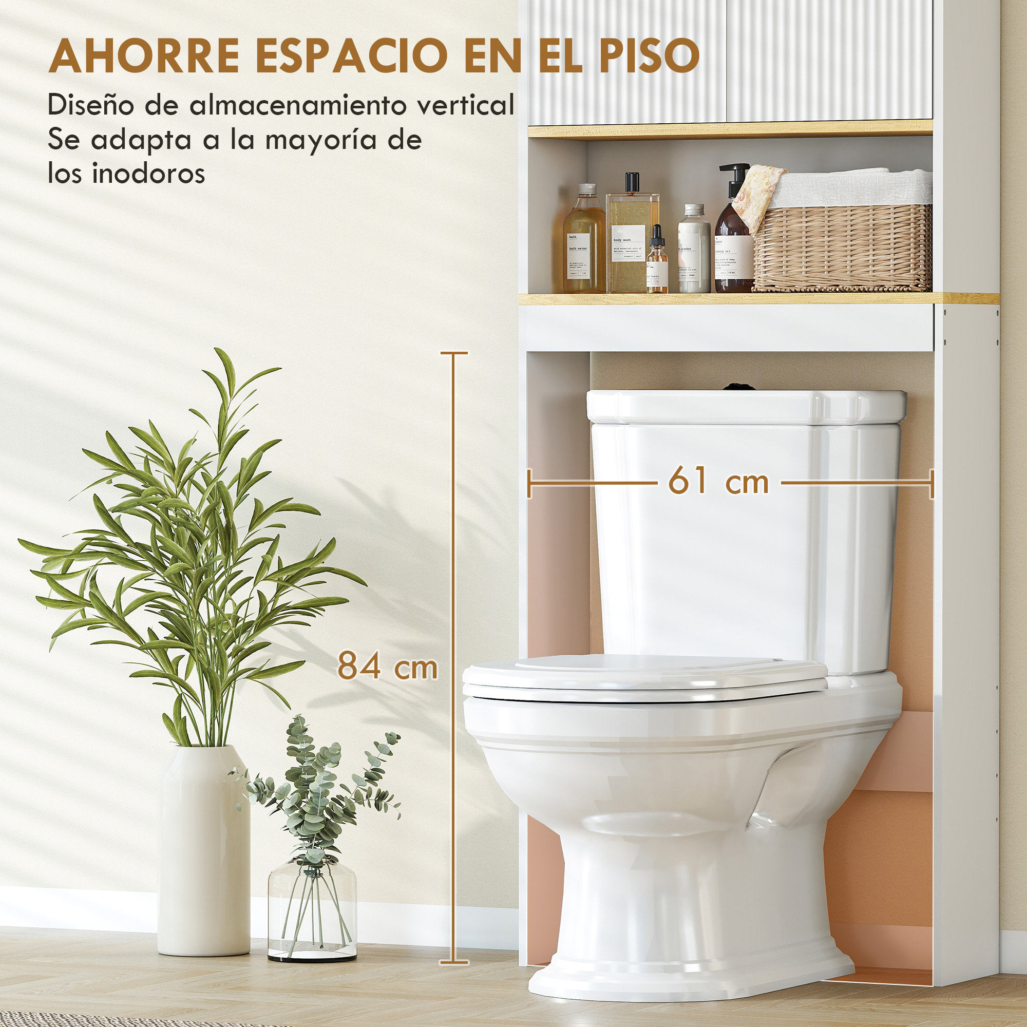 Estantería para Baño sobre Inodoro, Mueble Organizador de Baño de 3 Niveles con Estante Abierto, 2 Puertas y Estante Ajustable, 64x20x170,5 cm, Blanco