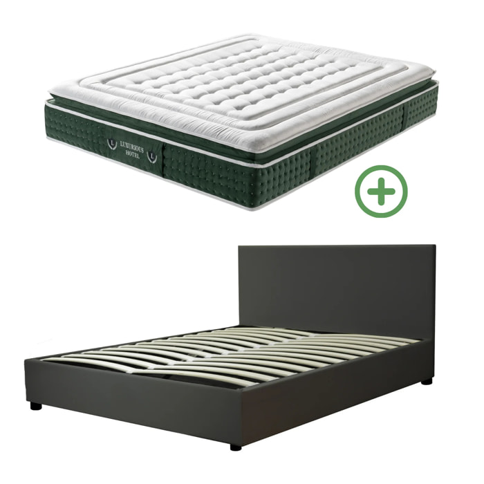 Ensemble matelas Jade & lit coffre Colisée | Mémoire de forme et ressorts ensachés | Grande capacité de stockage | Simili cuir | Noir