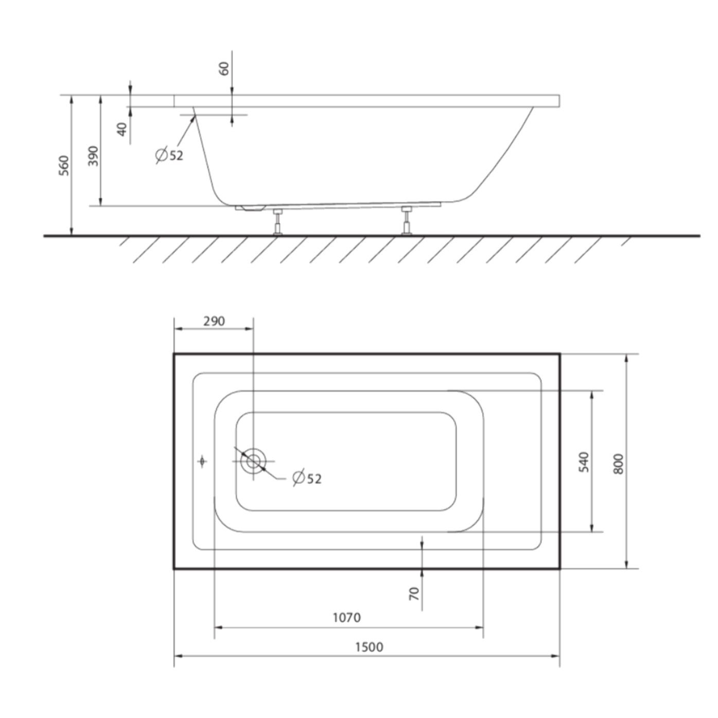 Aurum 150x80 cm baignoire rectangulaire en acrylique, orientation gauche et droite, sans pieds, blanc (SATVAUR150)